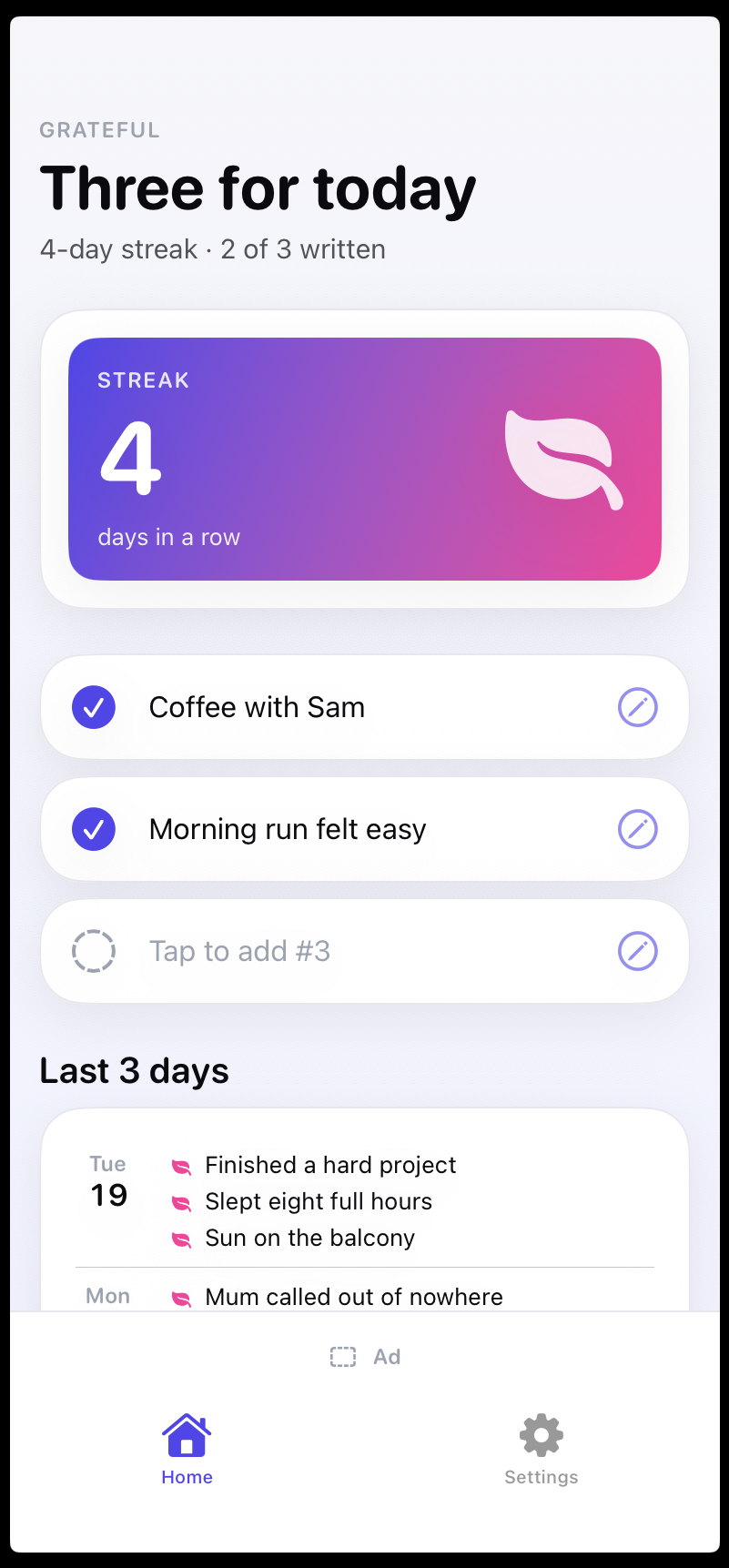 Three Grateful — home screen