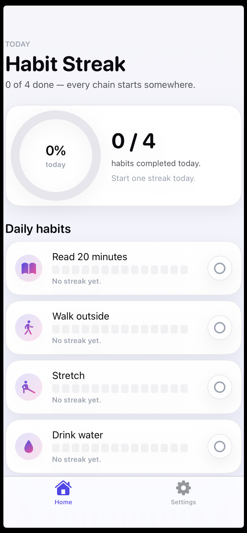 Habit Streak — home screen