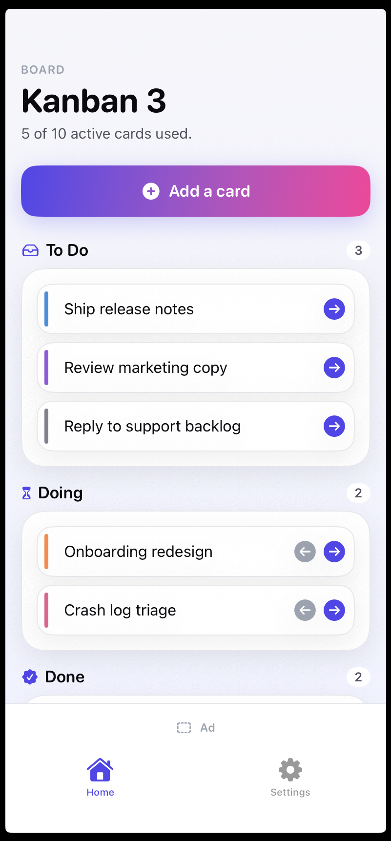 Kanban 3 — home screen