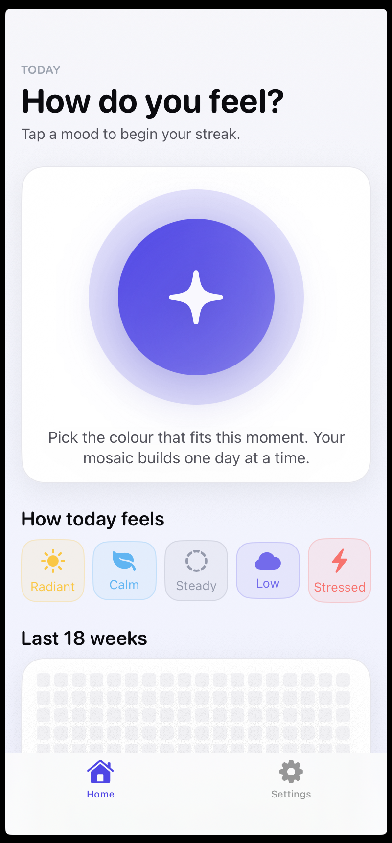 Mood Mosaic — home screen