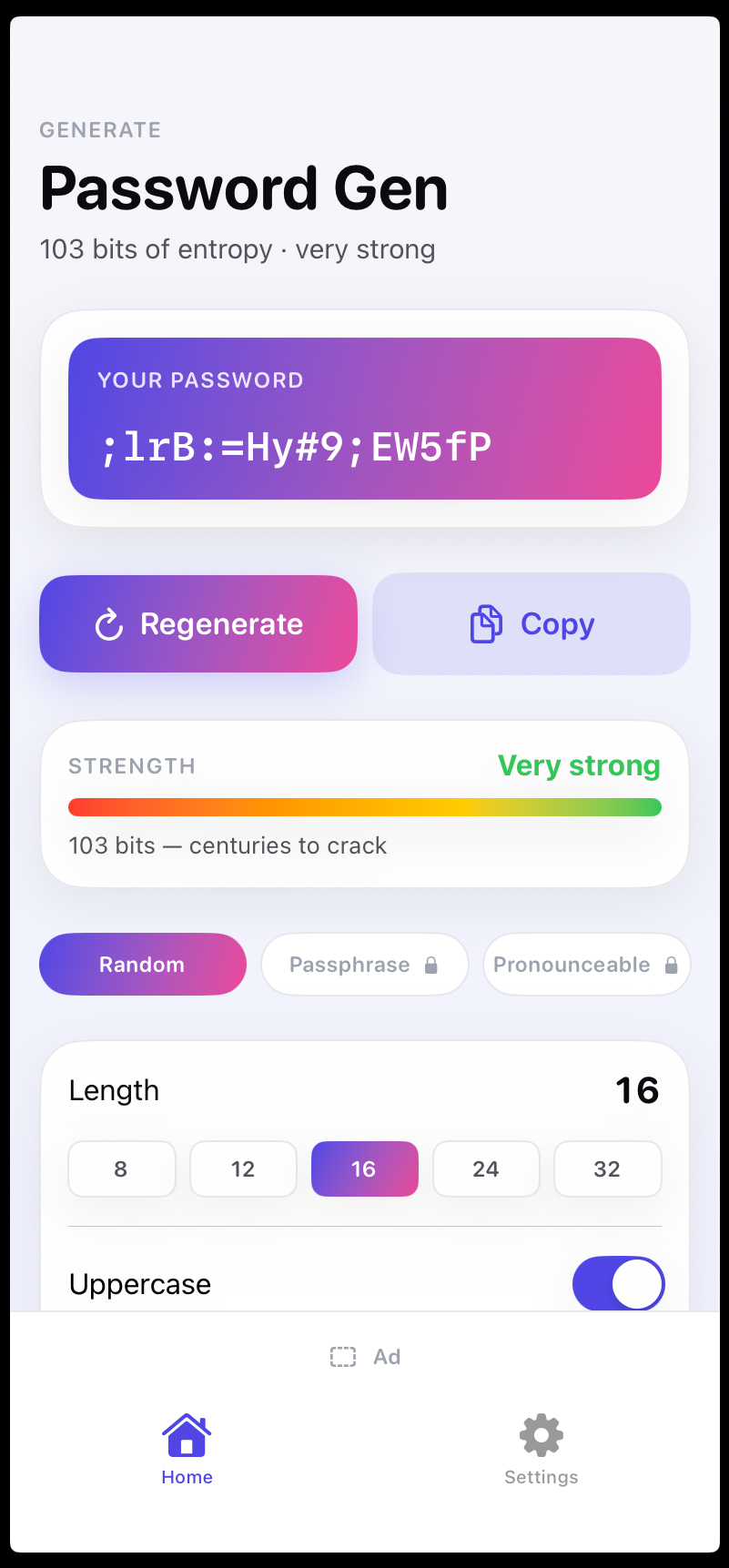 Password Gen — home screen