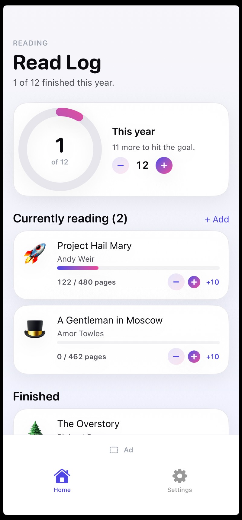 Read Log — home screen