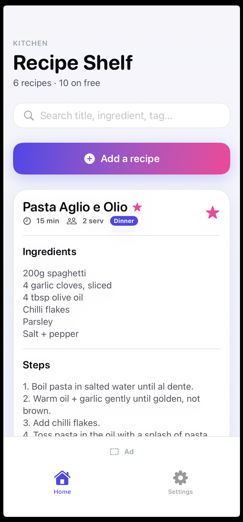 Recipe Shelf — home screen
