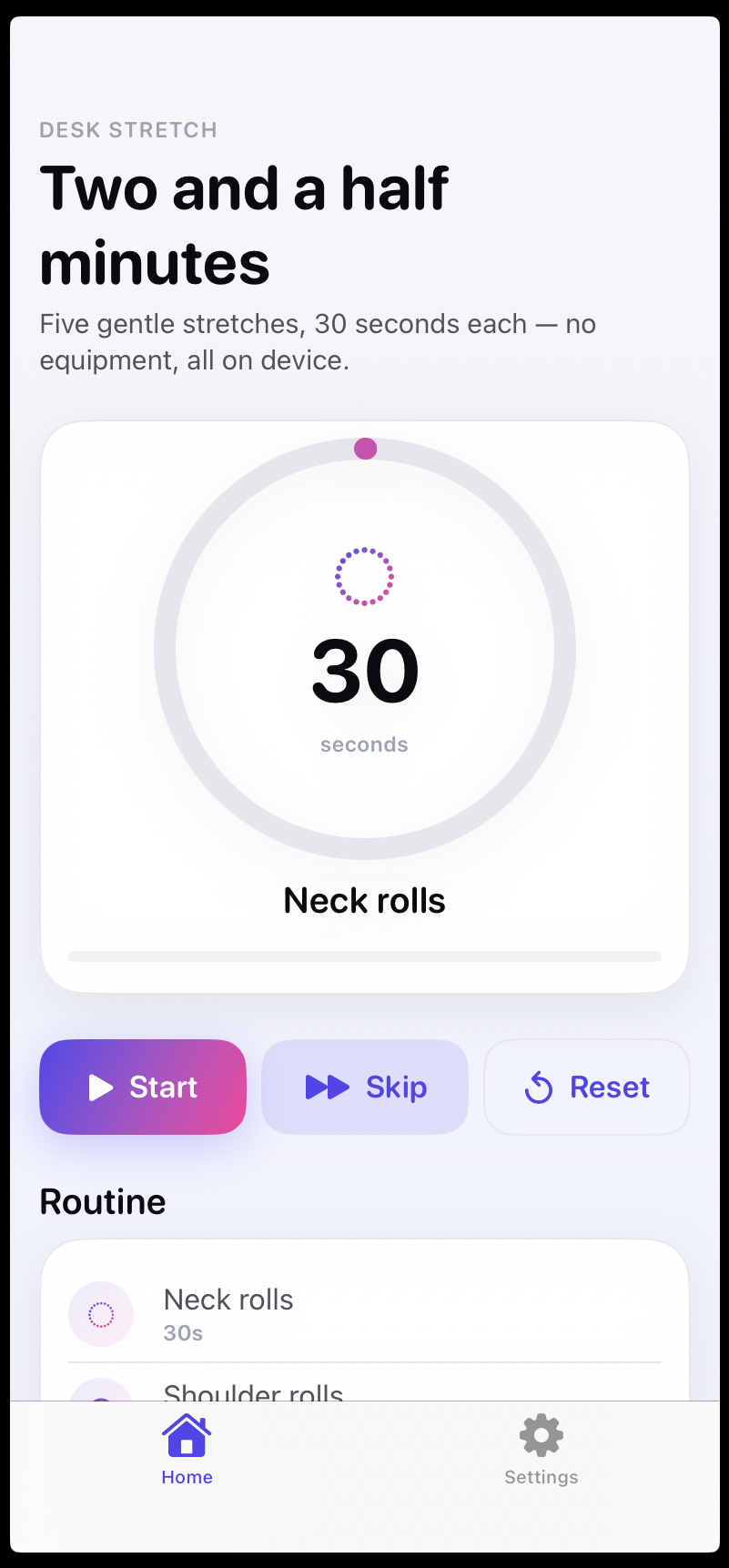 Stretch Routine — home screen